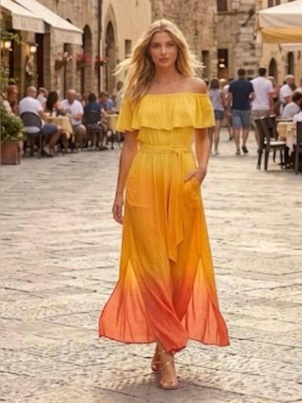 Off-Shoulder Yellow to orange Ombre Maxi Dress